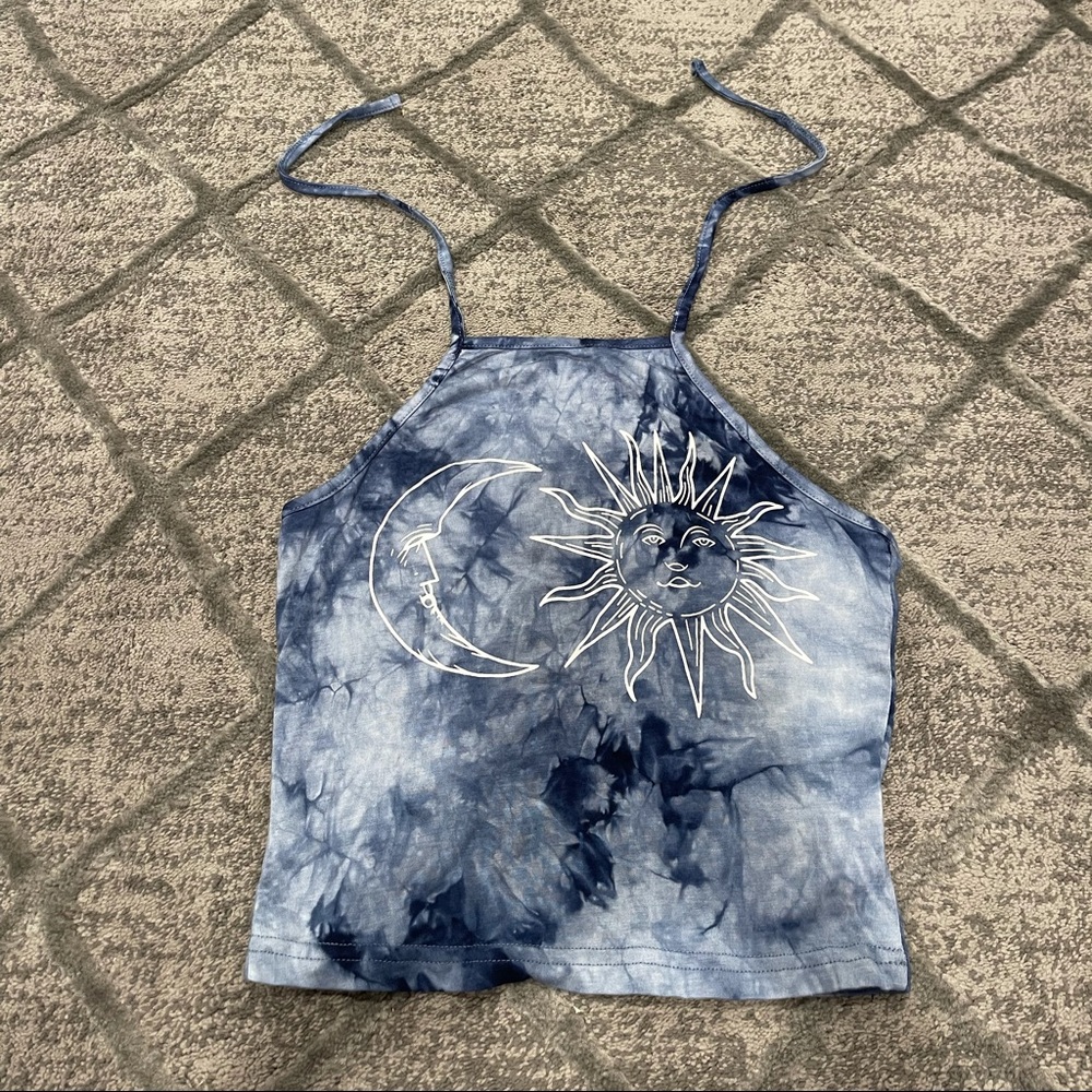 White and blue tie die halter top